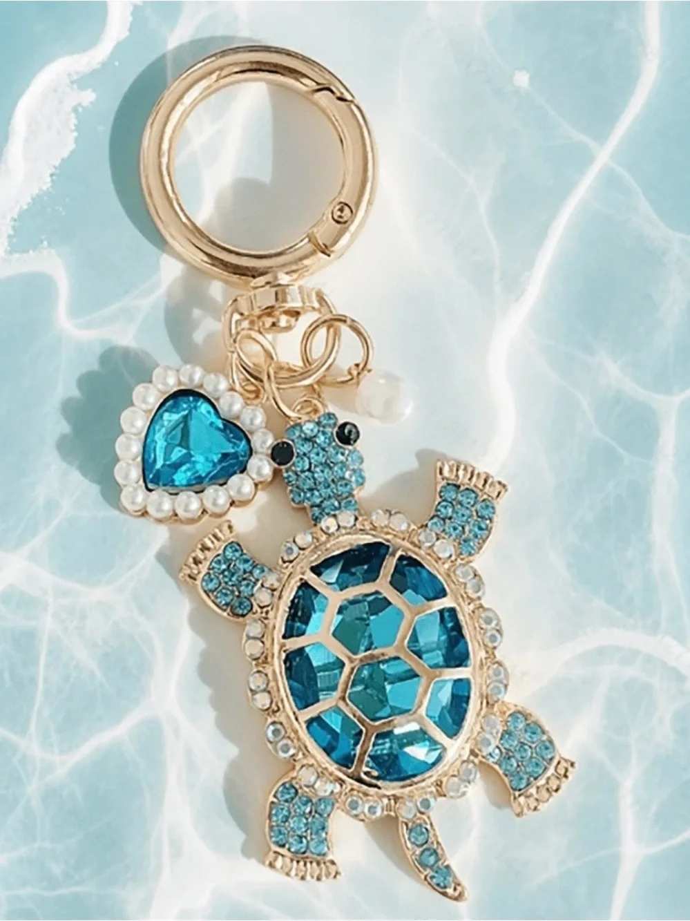 Source Unknown Gold-Tone Turtle Keychain with Blue Crystals and Pearl Heart